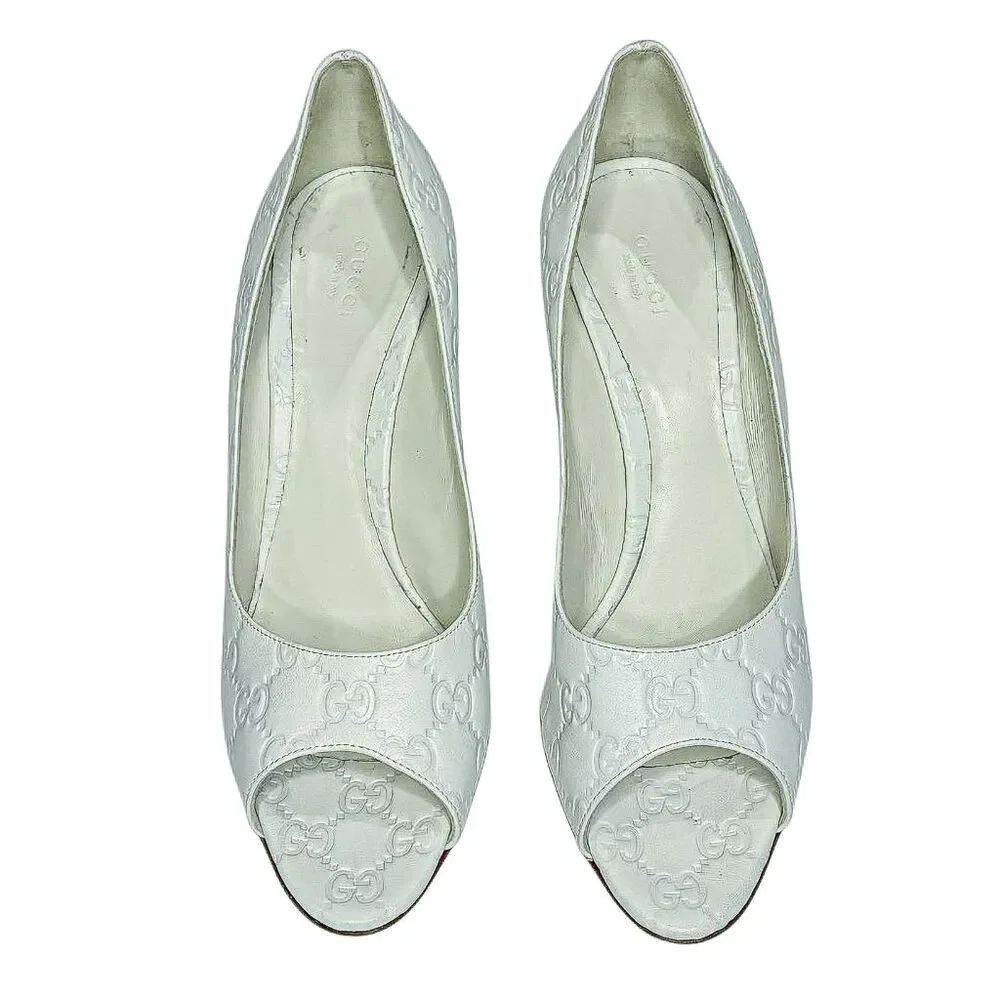 Gucci Guccissima Aleppo Peep Toe Pumps EU 41 White Double GG Monogram Heels